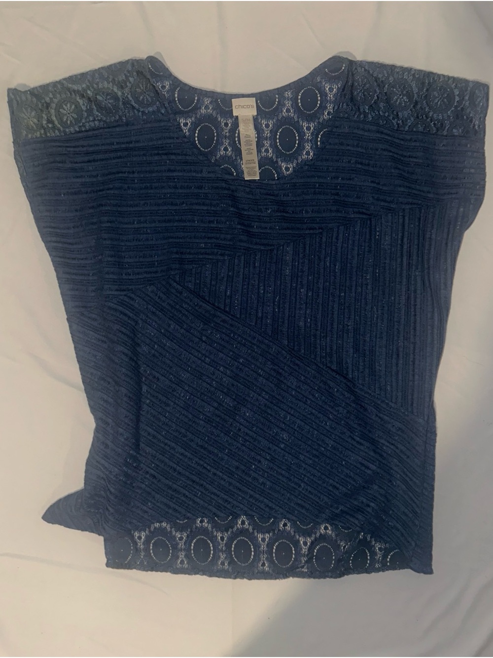 Chico's Navy Lace-Trim Ribbed Short Sleeve Top
